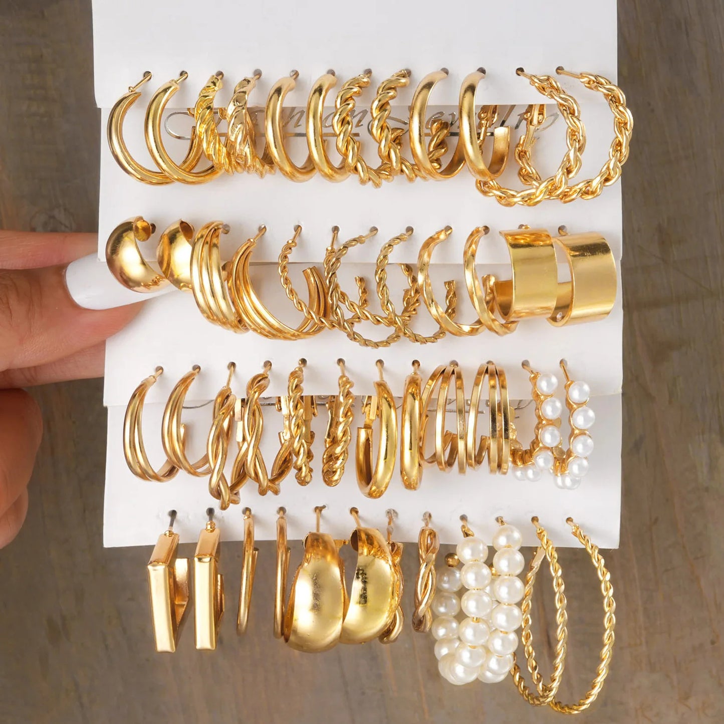 "Gold Boho Pearl & Hoop Earrings – 24 Pairs"