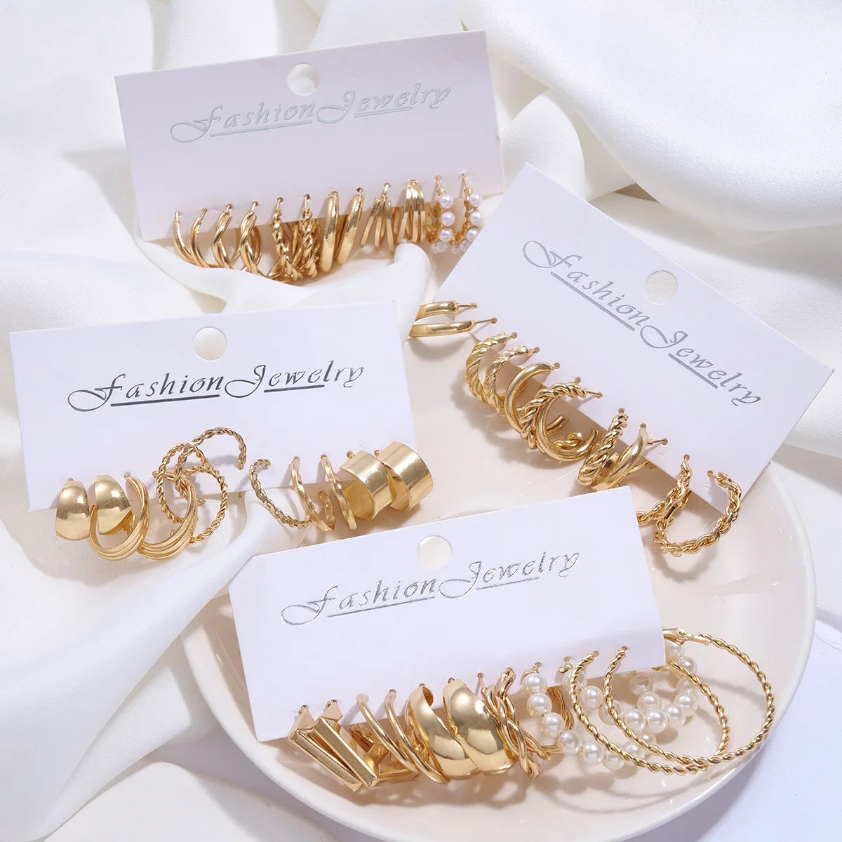 "Gold Boho Pearl & Hoop Earrings – 24 Pairs"