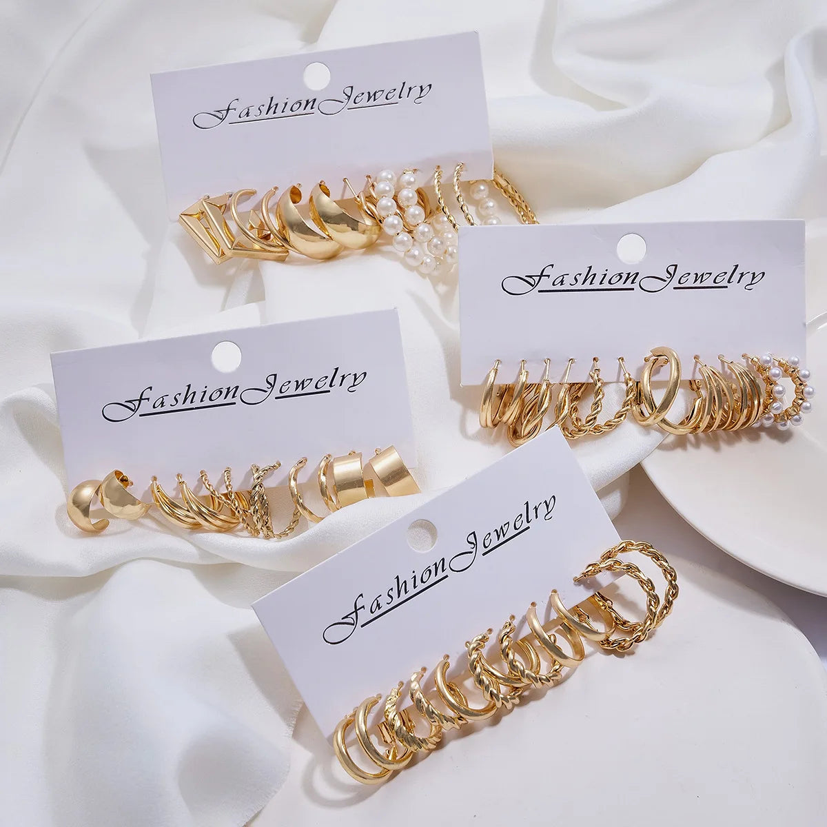 "Gold Boho Pearl & Hoop Earrings – 24 Pairs"